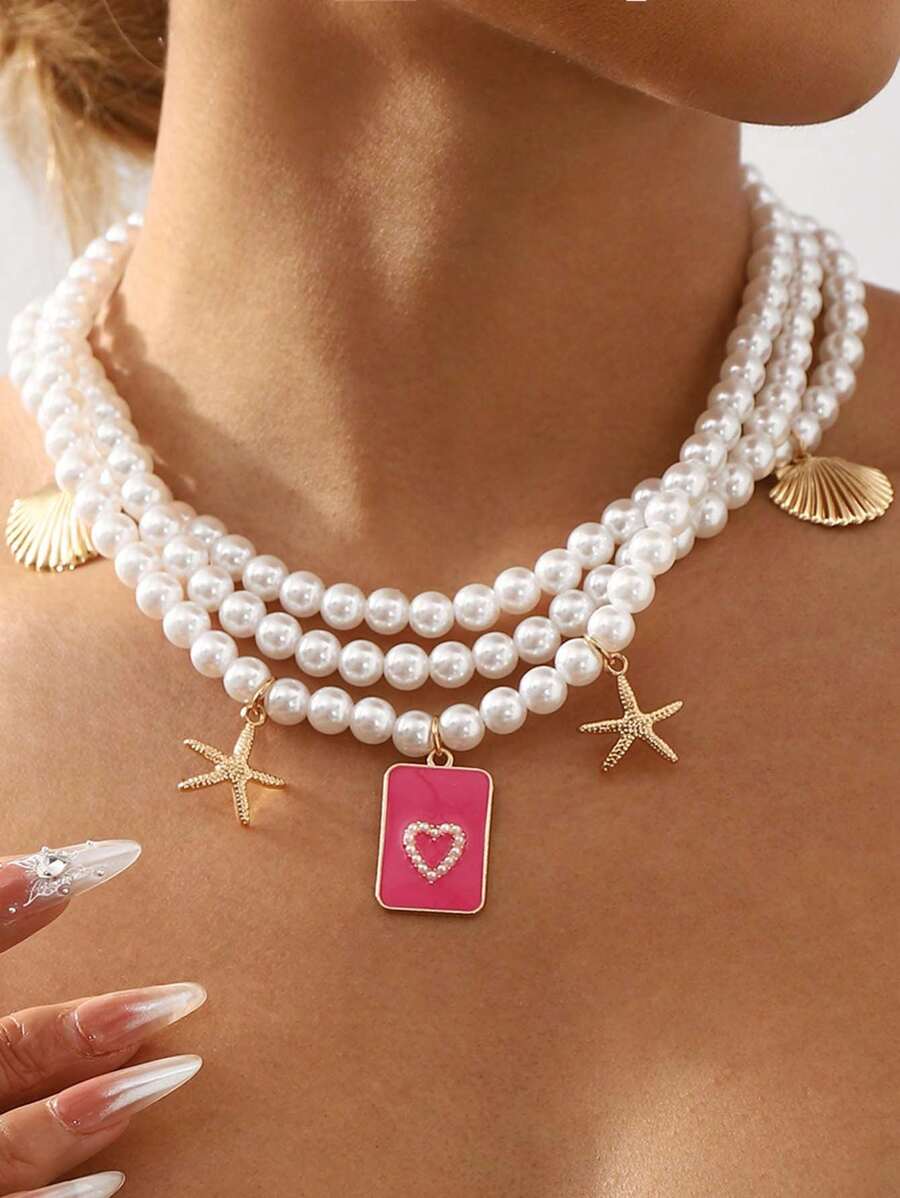 1pc Ladies Multi-Strand Pearl Beaded Knotted Necklace, Pearl White, Elegant Style For Vacation, Casual, Party; 1pc Kids Bow & Pearl Bead Decor Pendant Necklace; 1pc Oval Pendant Necklace, Copper, EU & US Fashion Style, Everyday Wear For Women; 1pc Retro Seascape Faux Pearl Starfish Necklace, Vibe - Multicolor - View 1