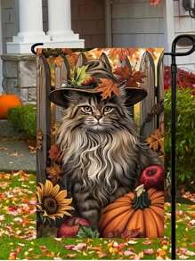 1pc Lovely Autumn Cats & Sunflowers Garden Flag - Double-Sided Waterproof Polyester, Autumn Harvest Season  Hat Design, 12X18 Inches, Great For Outdoor Home & Yard Decor