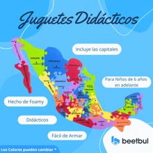 Beetbul Rompecabeza de Foamy, Mapa de la República Mexicana con Capitales de estado, 35cm x 19cm explicado con información del País, (colores pueden Variar) - Multicolor - Ver 3