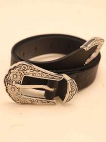 1 pieza de cinturón negro de PU para mujer, diseño único con patrón de flor en relieve