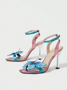 Women's High Heel Spring/Summer Outdoor Nightclub Fashionable Metallic Snake Pattern Thin Heeled Square Toe Striking 3D Colorful Butterfly & Flower Printed Sexy Strappy Elegant Pink Sandals