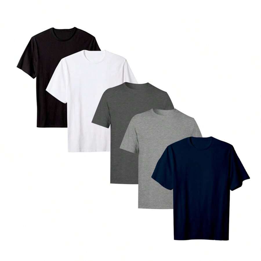 Kit With 5 Premium Plain Men's T-Shirts 100% Cotton Unmissable Promotion Fast And Safe Shipping - 藏蓝色 - 查看 1