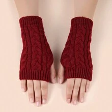 1 Pair Solid Color Cable Knit Fingerless Gloves For Women, Fashion Accessory And Warmth