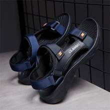 Men's Outdoor Sports Sandals - Fashionable, Comfortable And Breathable Hook And Loop Slippers - Non-Slip Dual-Color Letter Pattern EVA Sole, Light And Large Size - Suitable For Beach, Water Activities, Driving Or Hiking, Black Casual Shoes - 藏蓝色 - 查看 1