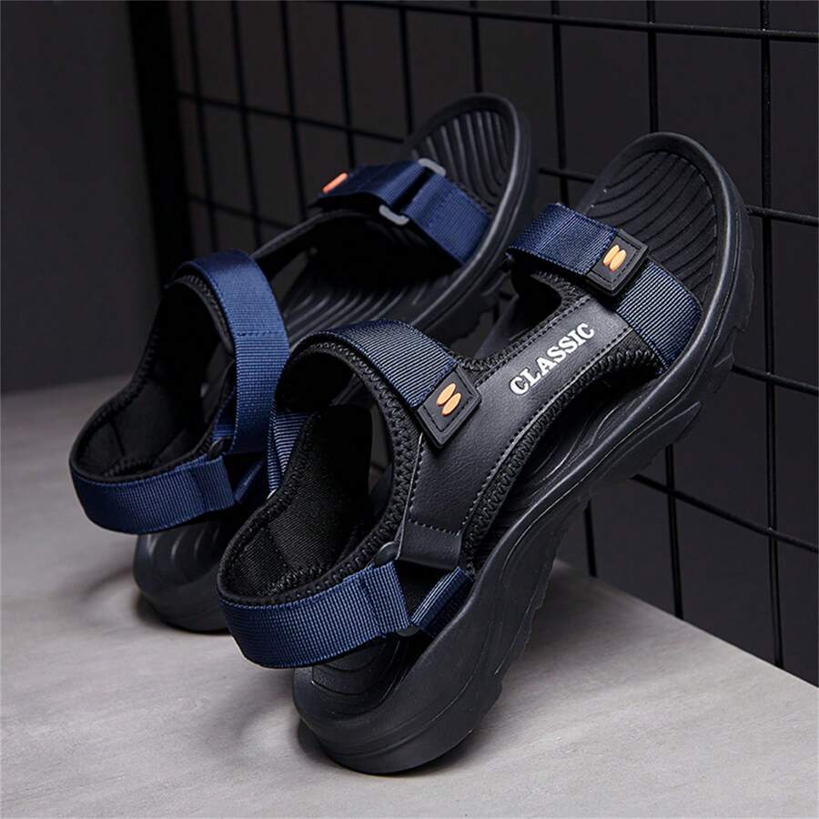 Men's Outdoor Sports Sandals - Fashionable, Comfortable And Breathable Hook And Loop Slippers - Non-Slip Dual-Color Letter Pattern EVA Sole, Light And Large Size - Suitable For Beach, Water Activities, Driving Or Hiking, Black Casual Shoes - 藏蓝色 - 查看 1