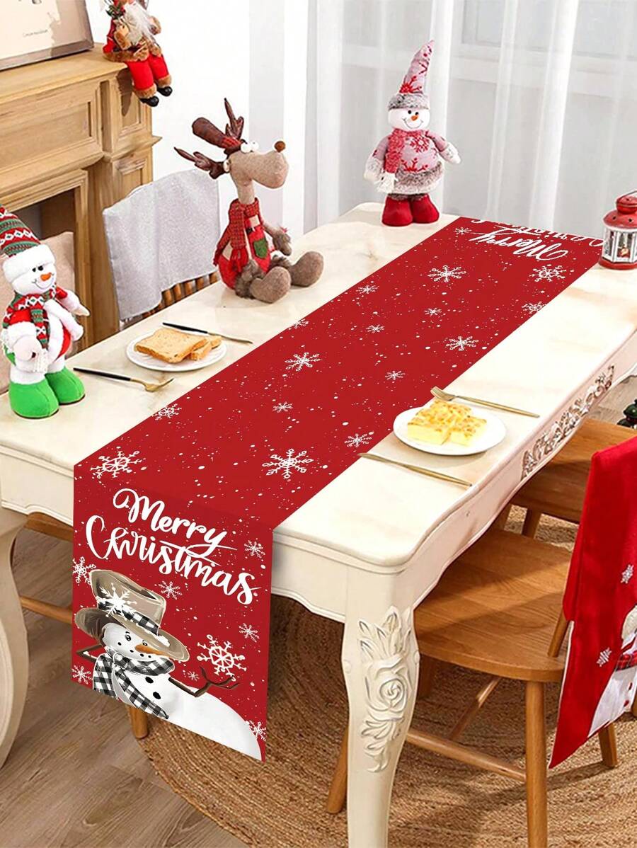 1 pieza Camino de mesa navideño, diseño vintage de muñeco de nieve, Feliz Navidad, material de poliéster, 35x180cm, estilo país vintage, adecuado para fiestas y reuniones familiares navideñas, como pieza decorativa para mesas de comedor y sala de estar, Halloween, decoración de Halloween - Multicolor - Ver 1