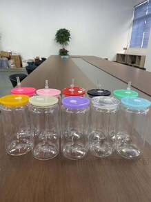 1 pieza Frasco de albañil de plástico a prueba de roturas con tapa y pajita de color, vaso transparente - Multicolor - Ver 1