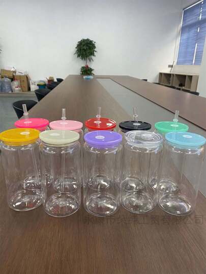 1 件防碎塑料梅森罐，带彩色盖子和吸管，透明杯