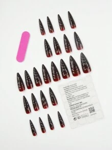 3D 红黑色渐变尖头人造指甲贴，3D 美甲贴纸套装，包含 1 件美甲凝胶和 1 件指甲锉块 - 玫瑰紅 - 查看 5