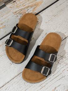 Women's Soft Flannel Double-Button Slide Sandals - Lightweight, Flat Heel, Open Toe, Anti-Slip Design, PVC Sole, Flannel Insole, Great For Summer And Casual Walking