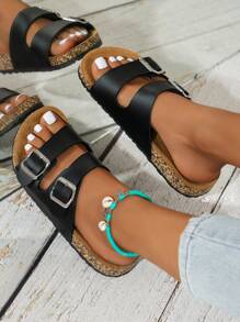 Women's Soft Flannel Double-Button Slide Sandals - Lightweight, Flat Heel, Open Toe, Anti-Slip Design, PVC Sole, Flannel Insole, Great For Summer And Casual Walking