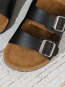 Women's Soft Flannel Double-Button Slide Sandals - Lightweight, Flat Heel, Open Toe, Anti-Slip Design, PVC Sole, Flannel Insole, Great For Summer And Casual Walking