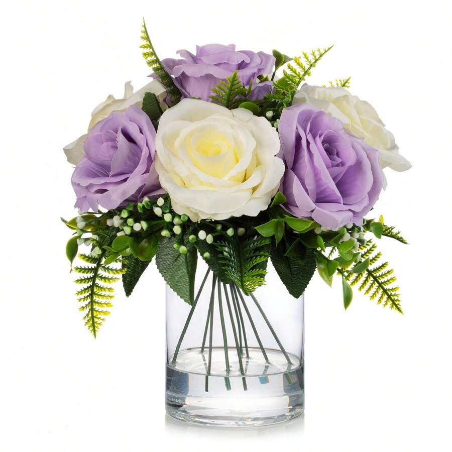 10 Heads Rose Artificial Flowers In Vase, Mixed Rose Fake Flowers