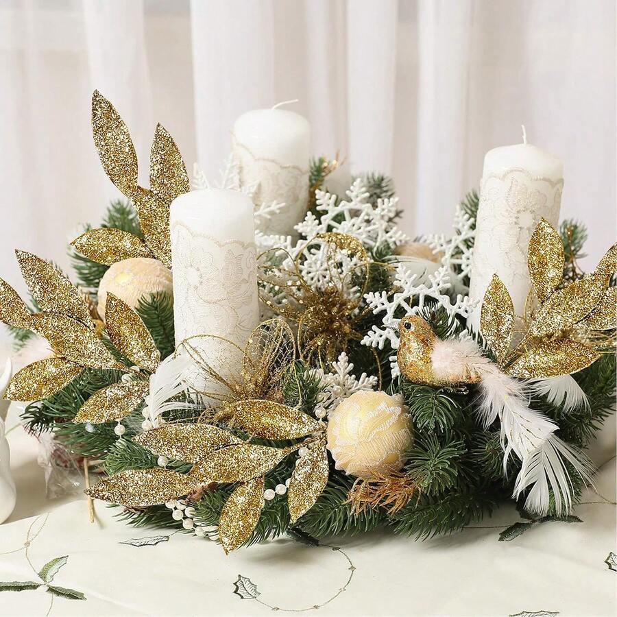 2pcs/10pcs Artificial Shiny Leaves, Glitter Spray, Christmas Winter Decor Fake Flowers Leaves Branches For Christmas Tree, Wreaths, Wedding Floral Arrangements, Home Table Centerpieces - Gold - View 1