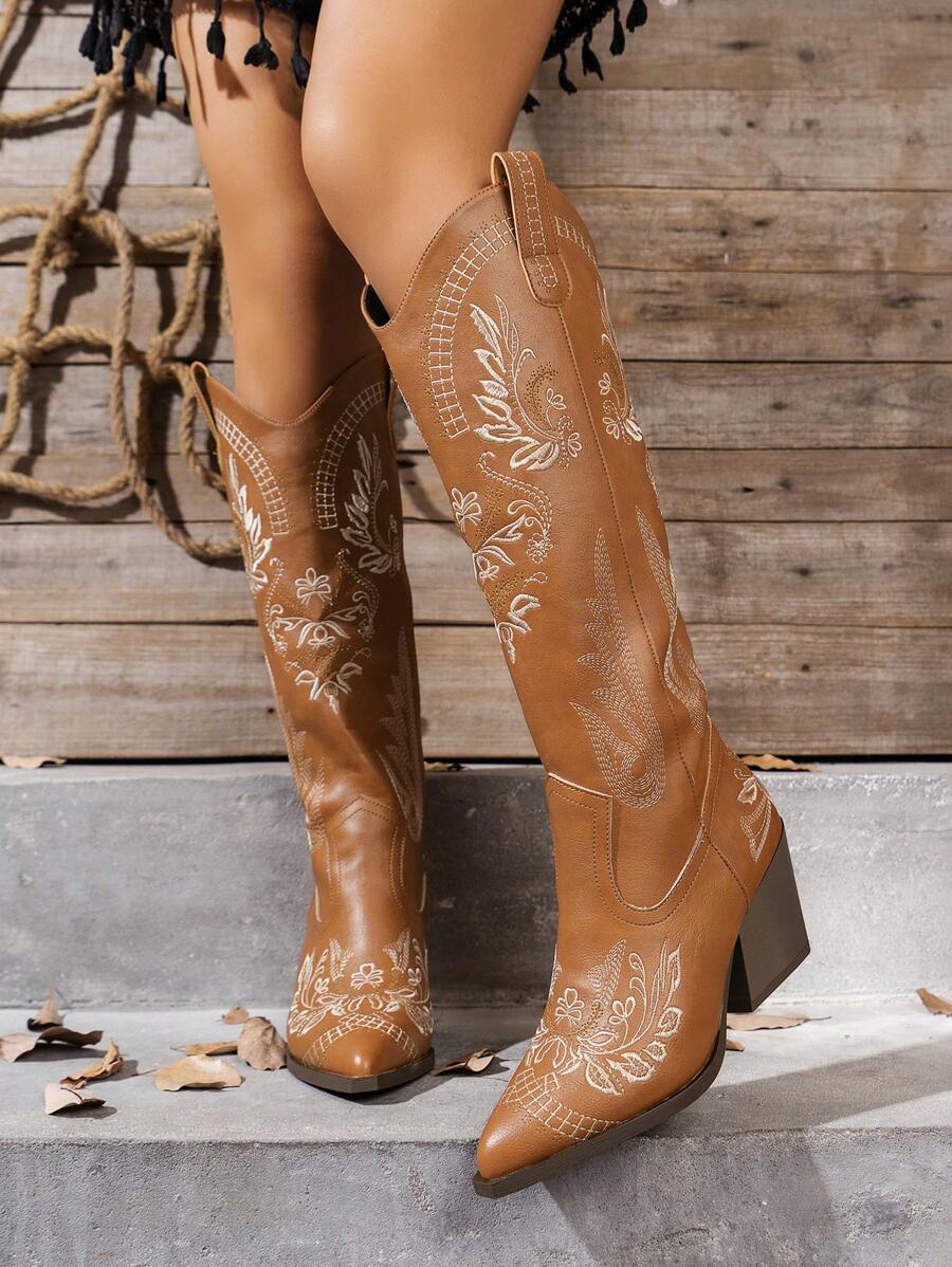 女式尖头花卉刺绣粗跟西部马靴，秋冬，女牛仔靴，适合女性户外鞋配开衫，牛仔靴 - 棕色 - 查看 1