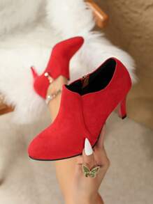 Women's Deep Vamp Red Suede Pointed Toe High Heel Boots, Comfortable Dress Shoes For Fall/Winter - Red - View 5