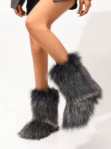 Botas de nieve de mujer con textura afelpada, con estilo y moda, engrosadas y cálidas, con plumón y plush largo hasta el tobillo - Multicolor - Ver 4