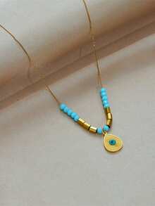 1件装 时尚简约小众复古蓝色水滴形波西米亚风串珠不锈钢链项链，女士款 - 金黃色 - 查看 2