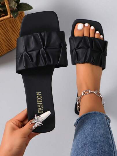 女士新款夏季时尚百搭防滑平底舒适凉鞋，大码方头沙滩休闲拖鞋，简约夏季一脚蹬拖鞋，宽版鞋