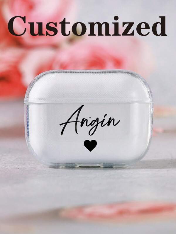 1pc Customizable Fashion Heart & Name Design Transparent Anti-Drop Earphone Protective Case For Apple 1/2/3