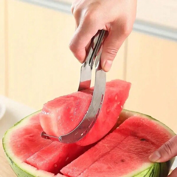 1 pieza Cortador rebanador de sandía con herramienta de fruta - Cortador de cubos de sandía de acero inoxidable 2 en 1, rebanador de tenedores de melón, cuchillo cortador de cubos de sandía de doble cabeza, Cocina, Artículos de cocina, Comida, Cocina, Camping, Vacaciones, Playa, Decoración de habitación, Organizador, Fiesta, Viaje.