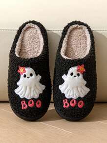 Halloween Cute Cartoon Ghost Indoor Slippers, Anti-Skid Flat Women's Furry Slippers
