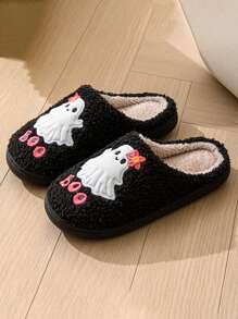 Halloween Cute Cartoon Ghost Indoor Slippers, Anti-Skid Flat Women's Furry Slippers