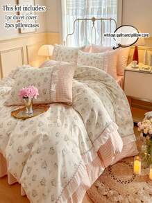 3 件套床上用品，包括蕾丝边羽绒被套和枕套（不包括被子/枕芯） - 粉色 - 查看 1
