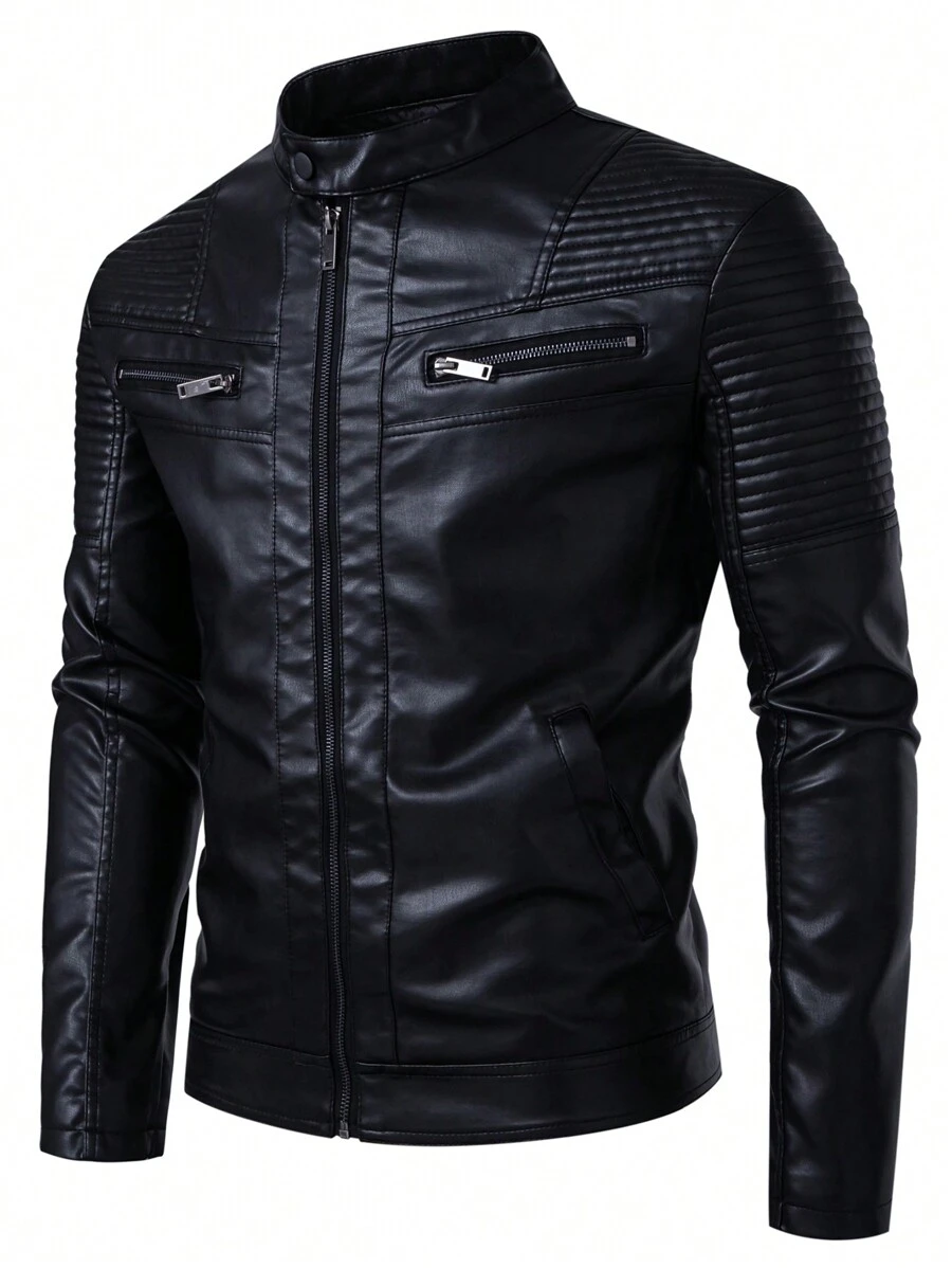 Men's Casual Leather Jacket, Windproof Stand Collar Loose Fit Leather Coat - Black - View 1