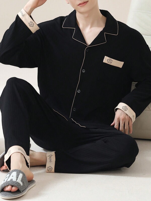 2pcs Men Spring/Autumn Long Sleeve Pajamas Set, Collared Breathable Moisture-Wicking Loungewear, Vacation