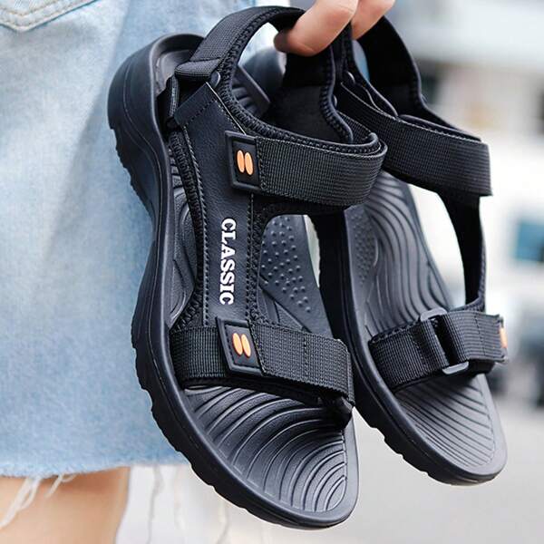 Men's Outdoor Sports Sandals - Summer Fashionable Breathable Hook And Loop Slippers - Non-Slip Dual-Color Letter Graphic EVA Sole, Large Size Lightweight - Suitable For Beach, Wading, Driving, Climbing, Black Casual Shoes