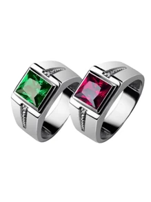 Elegant Cubic Zirconia Promise Ring, Silver Plated Square Cut Green Or Red Stone, Engagement/Wedding Band, Choose Suitable Size