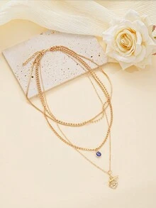 1pc Simple Devil Eye Multi-Layer Necklace Set For Women, Holiday/Date Gift And Daily Collocation - 金黃色 - 查看 3