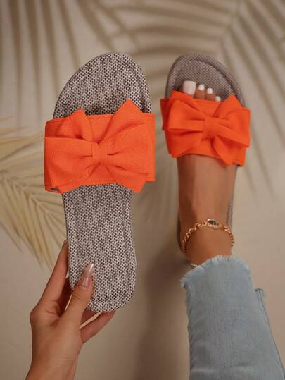 Women's Simple And Fashionable Thick-Soled Woven Bottom Sandals With Orange Bowknot, Summer