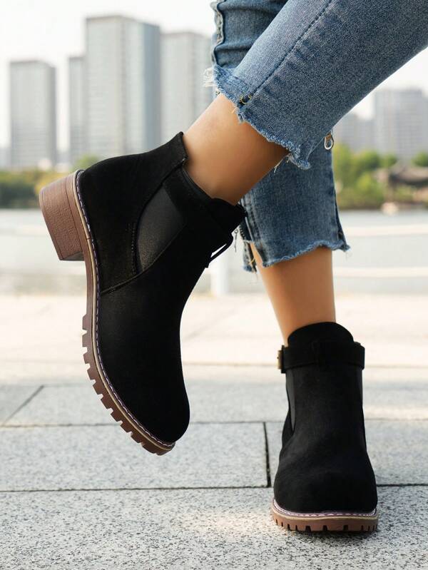 Plus Size Women Wide Fit Retro Ankle Boots, Korean Style Flat Platform Short Boots In Suede Leather