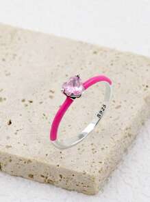 1 Pieza Anillo de plata de ley 925 con corazón rosa, rectángulo azul y circonita, anillo apilable de estilo dulce para mujeres, joyería de fiesta regalo - Anillo Amor Corazón Rosa - Ver 11