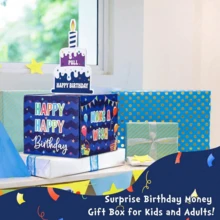 生日现金礼品存钱罐，成人惊喜钱礼品盒，配有可拉出的生日快乐卡和 30 个透明袋 - 赠送现金作为礼物的有趣方式，圣诞节 - 藍色 - 查看 2