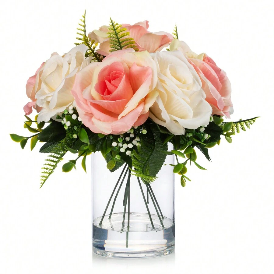 10 Heads Rose Artificial Flowers In Vase, Mixed Rose Fake Flowers