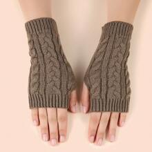 1 Pair Solid Color Cable Knit Fingerless Gloves For Women, Fashion Accessory And Warmth