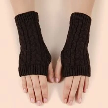 1 Pair Solid Color Cable Knit Fingerless Gloves For Women, Fashion Accessory And Warmth