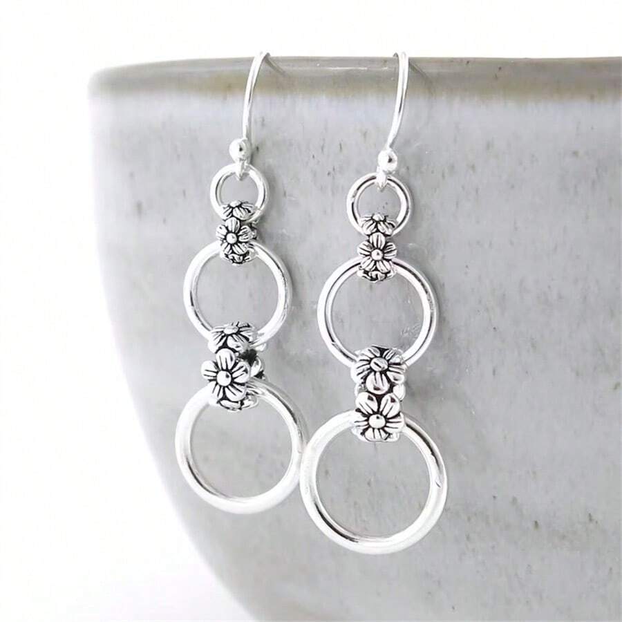 1 Đôi Vòng Tròn Rỗng Hoa Vintage Trang Trí Mặt Dây Chuyền Bông Tai, Phong Cách Boho Món Quà Trang Sức Dành Cho Nữ - Màu Bạc Cổ - Xem 1