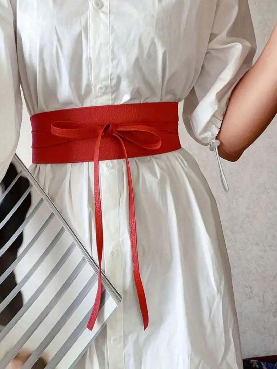 Cinto faixa de cintura largo de feminino em sintético , com laço de corset ajustável, para decorar vestidos e saias - Vinho - Visão 1