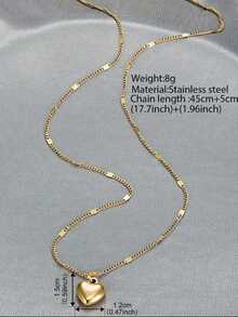 1件迷你心形不锈钢吊坠项链，可调节链条装饰，适合女孩日常佩戴