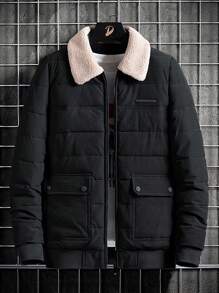 Men's Fashion Loose Turndown Collar Fleece Button Pocket Warm  Padded Coat, Autumn & Winter - Black - View 1