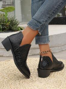 厚底粗跟女式踝靴尖头修身黑色短靴夏季和秋季时尚靴子 - 黑色 - 查看 5