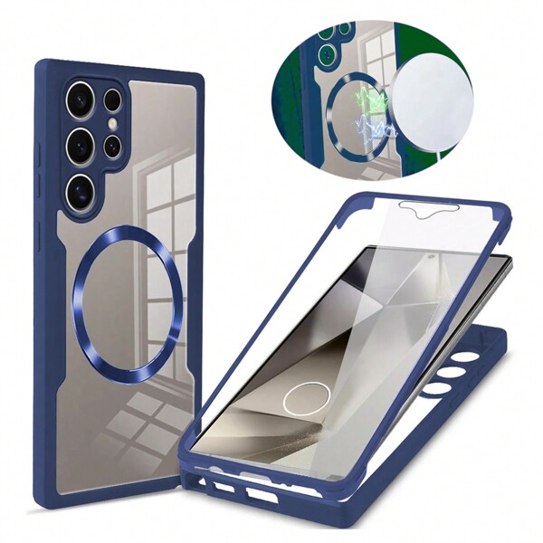 1pc Blue Luxury 360° Full Body Magnetic Suction Clear Acrylic Protective Case With Built-In Screen Protector, Skin-Friendly Material & Anti-Slip Design, Compatible With Samsung Galaxy S25 Ultra/S25 Plus/S25, IPhone, Redmi, OPPO