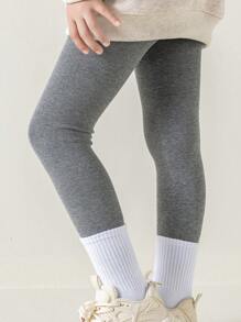 1件装儿童保暖内衬踩脚裤，纯色，秋冬季保暖，可外穿 - 灰色 - 查看 2