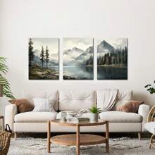 Set Of 3 Retro Abstract Landscape Neutral Watercolor Mountains Lake Art Canvas Poster Print,Modern Nature Wall Art,Perfect Gift For Home,Living Room,Bedroom Decor,No Frame - Apricot - View 2