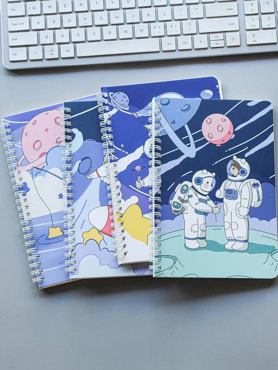 Set Of 4pcs Notebooks, 60 Sheets Per Book, A5 Size, Simple Spiral-Bound Thick Loose-Leaf Notepad, Cute Student Fresh Side-Flip Memo Book, Shipped With 4 Books , School Supplies - Multicolor - View 1
