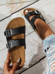 Women's Soft Flannel Double-Button Slide Sandals - Lightweight, Flat Heel, Open Toe, Anti-Slip Design, PVC Sole, Flannel Insole, Great For Summer And Casual Walking